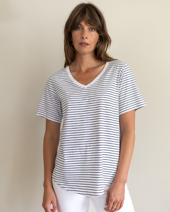 Ivy Dotty V Organic Cotton Navy Fine Stripe T-Shirt