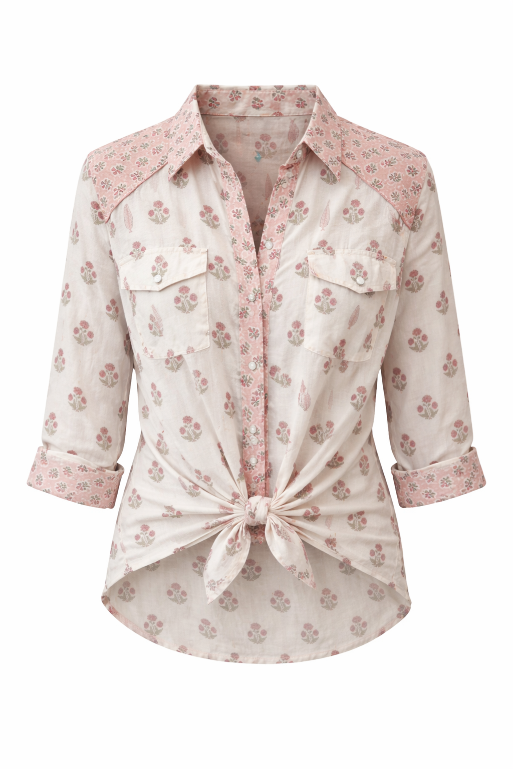 Long sleeve western style shirt in cotton voile - with a beautiful wood block print .
