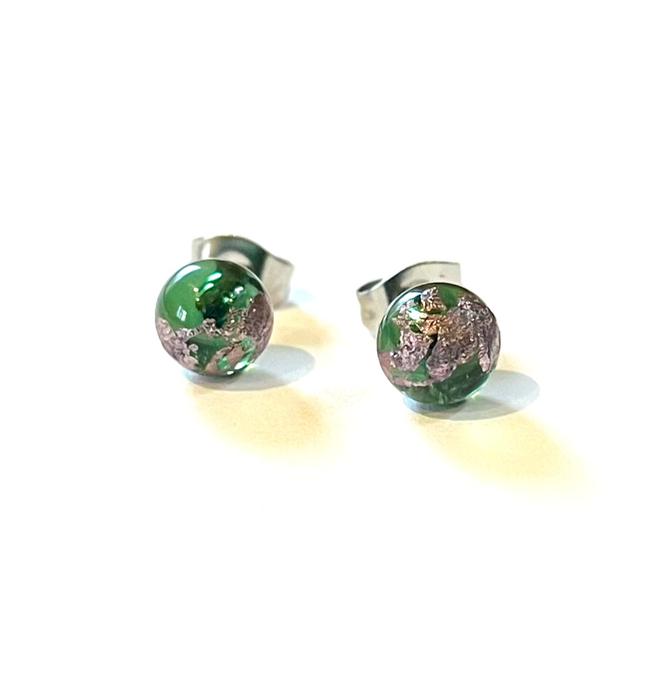 Green and Palladium Whisky Bottle Studs, Recycled Glass and Surgical Steel