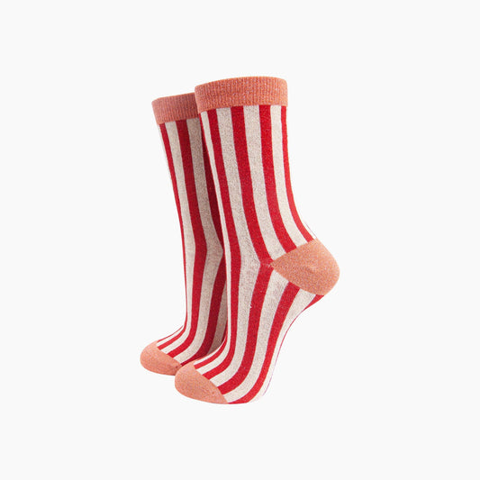 Stripes Combed Cotton Glitter Socks in Red/Orange
