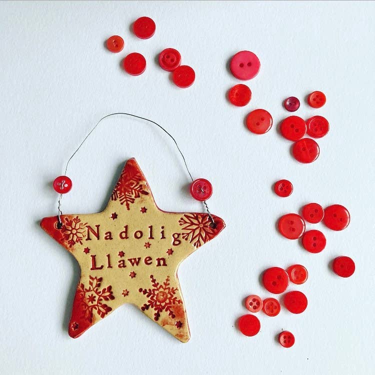 Nadolig Llawen Welsh Ceramic Heart/Star Decoration