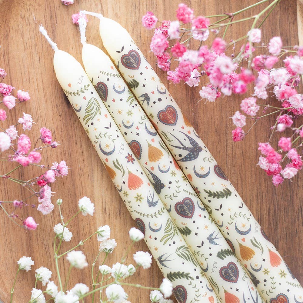 Set of 3 Cream Folk Floral Print Taper Candles