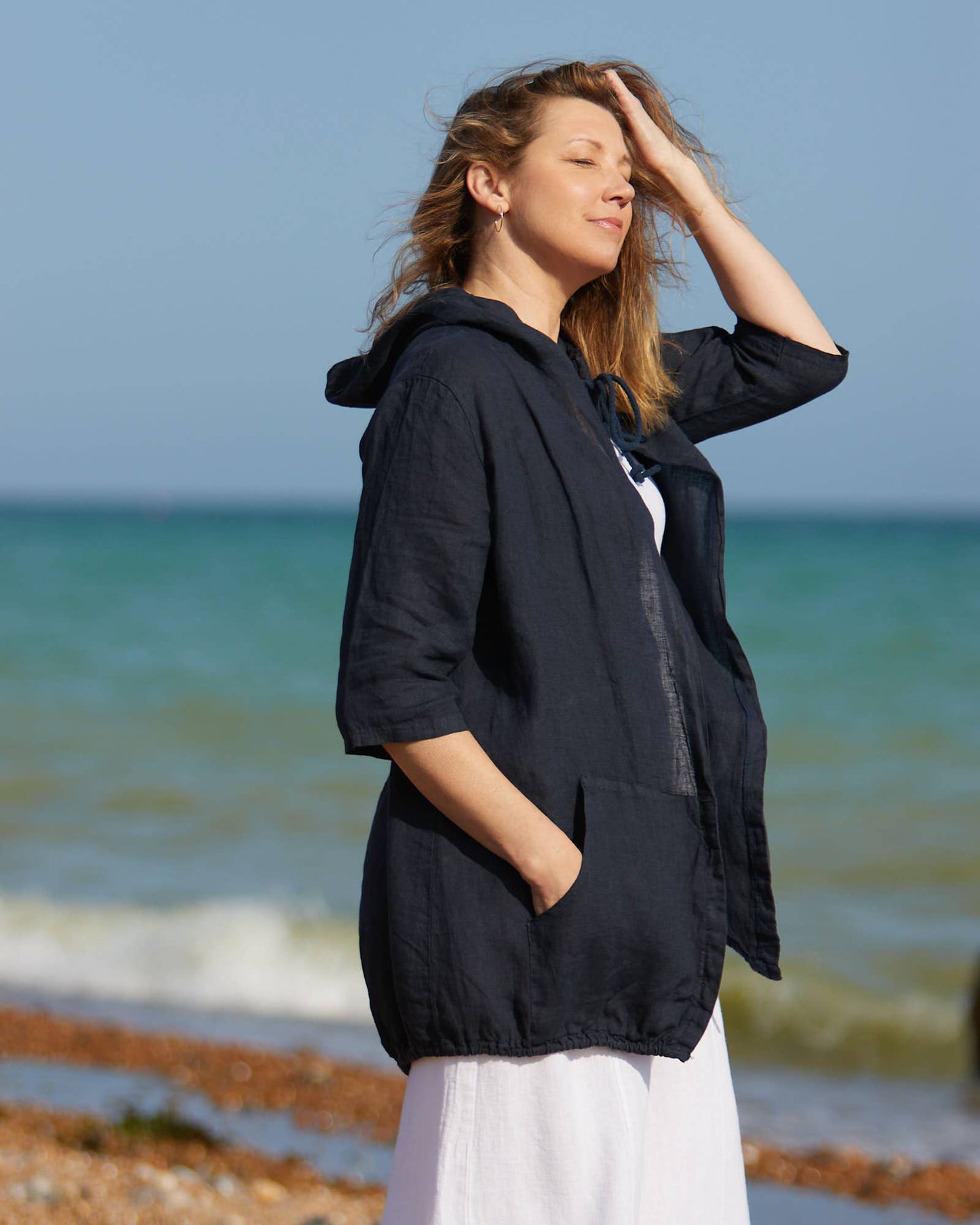 Cadenza Casual Hooded Linen Jacket: Navy