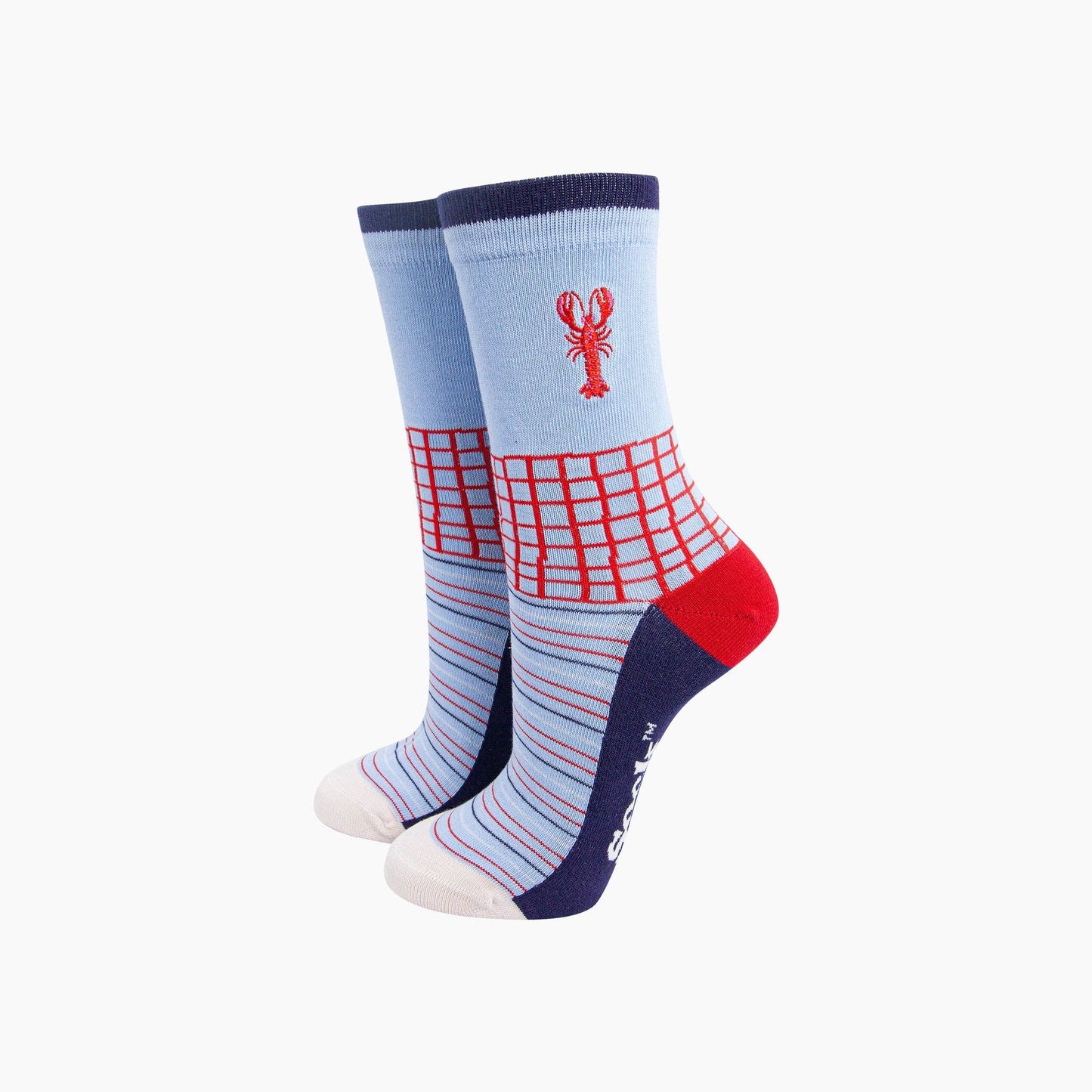 Embroidered Lobster Combed Cotton Socks in Blue/Red
