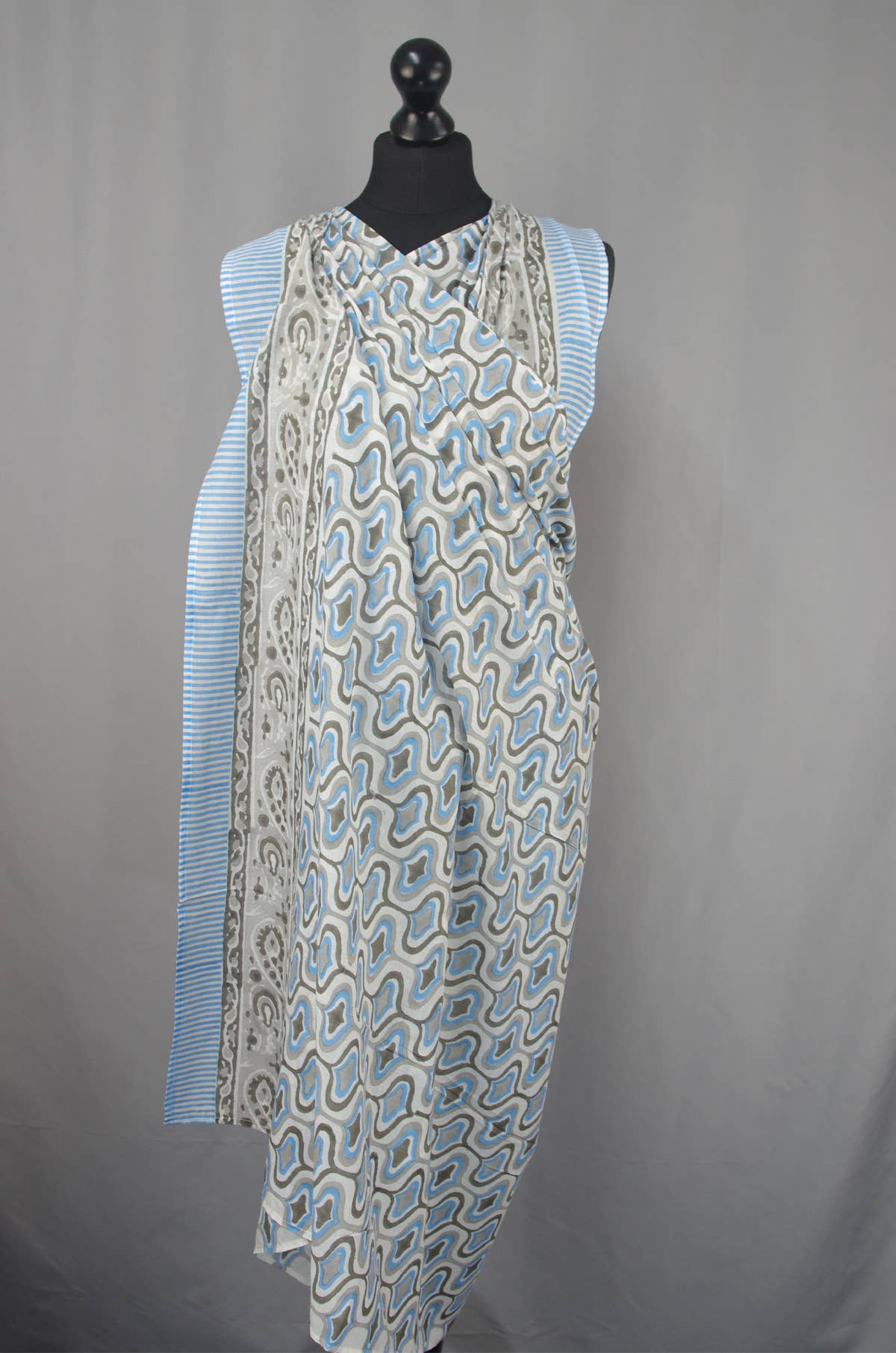 Kantha Decor - Beach  Coverup Sarong Pareo -Grey Blue Abstract