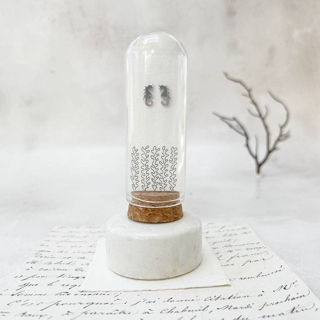 Seahorse Studs: Original Art in a Glass Dome