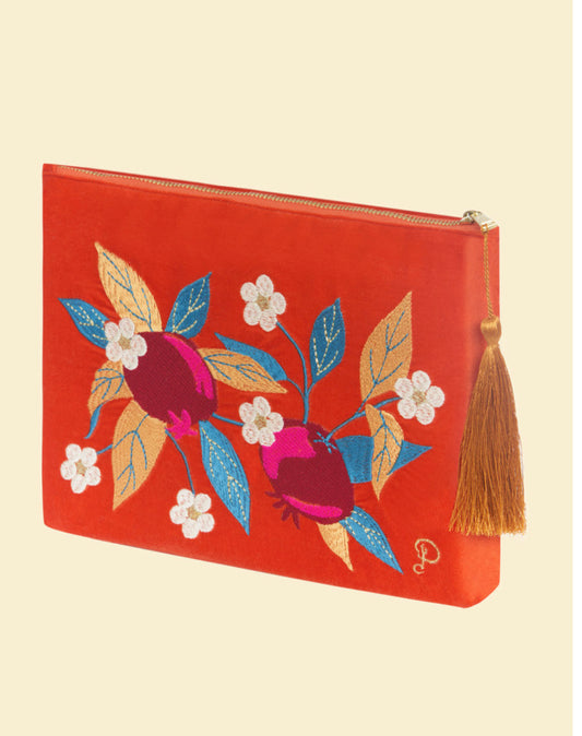 Velvet Zip Pouch - Pomegranate in Tangerine