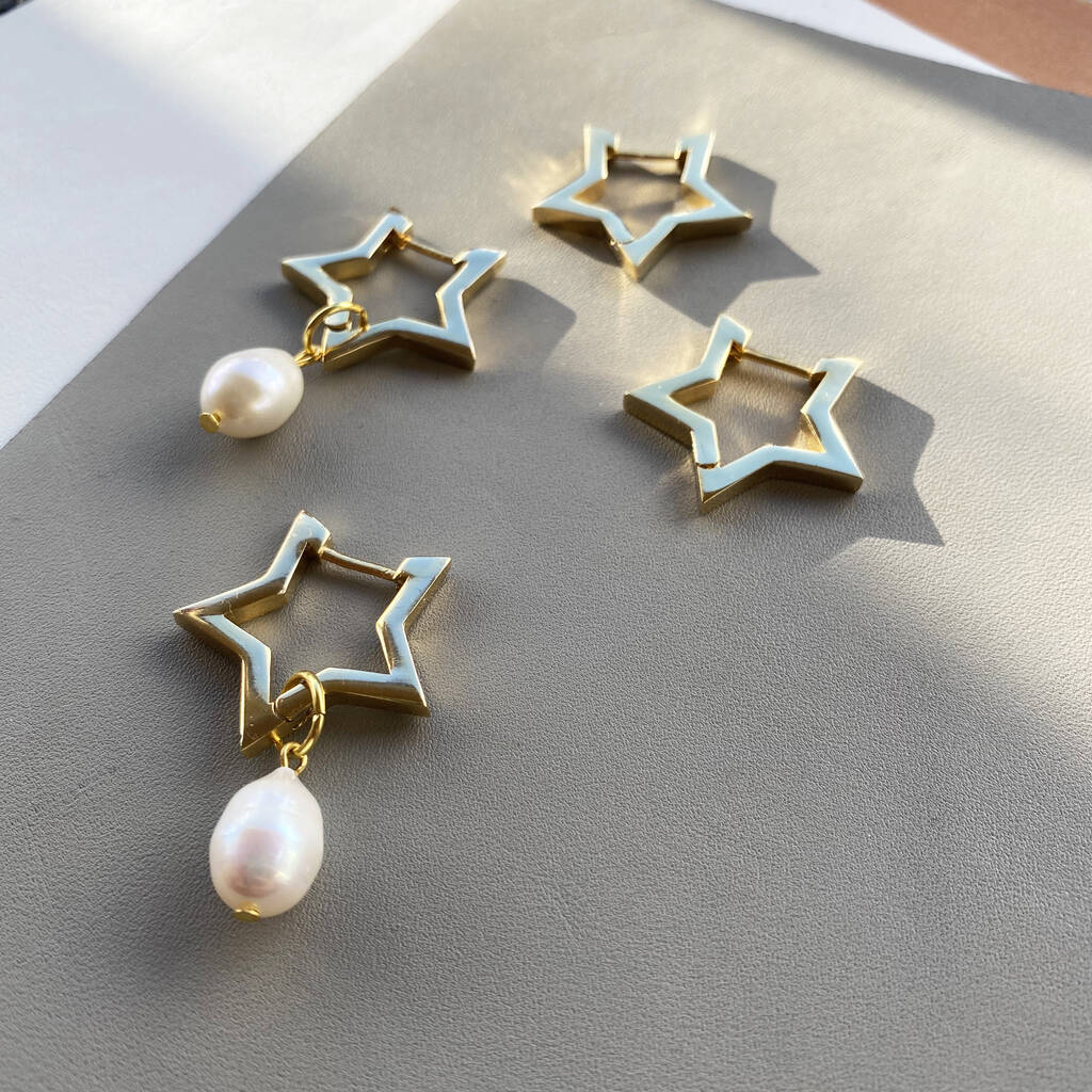 Star And Freshwater Pearl Hoop Earrings