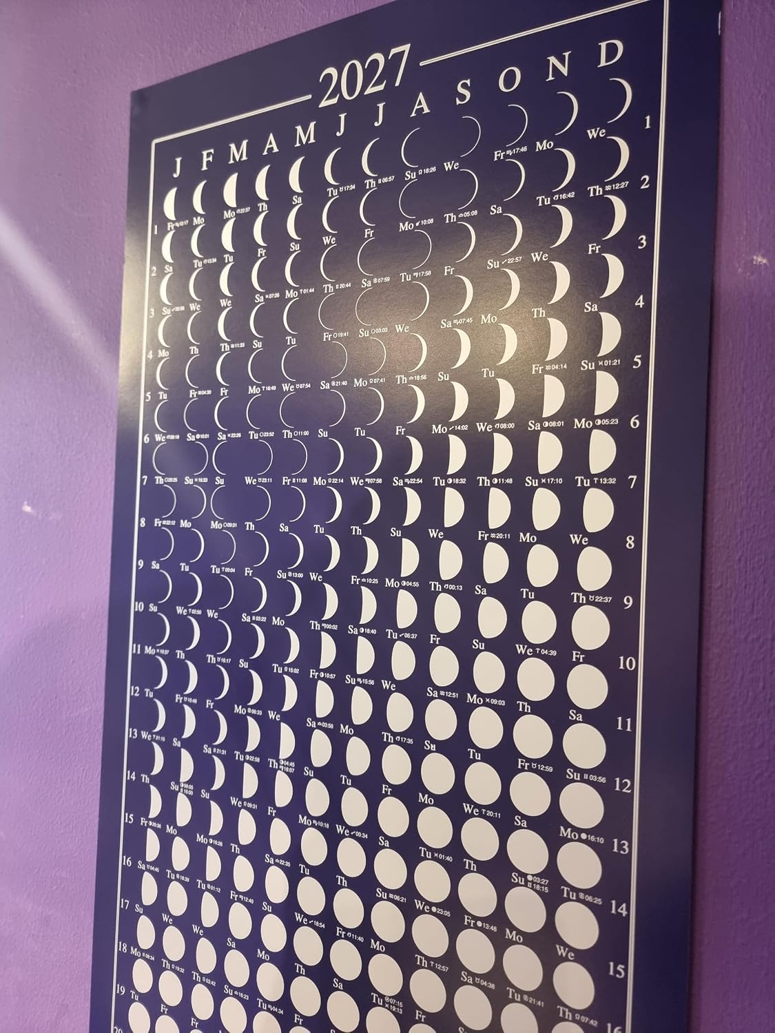 Moon Phase Calendar Poster 2027 - Daily Moon Phase Information - Full Moon, Eclipse, Mercury Retrograde & New Moons