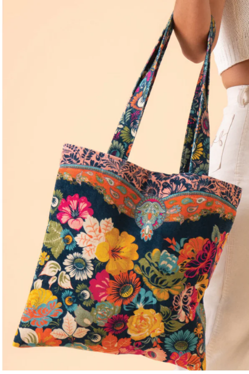 Powder Design Velvet Tote Bag - vintage floral - ink