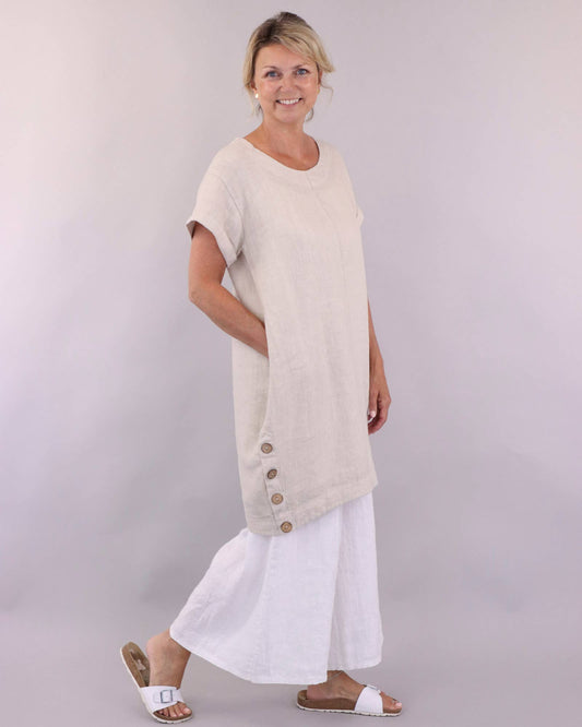 Cadenza Coconut Button Linen Dress: Sand