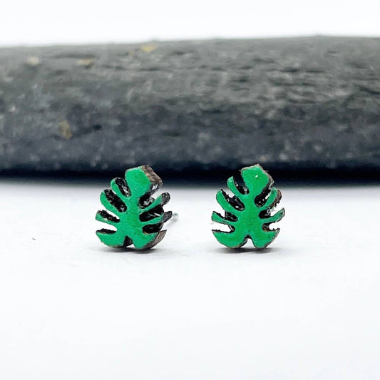 Hand-Painted Wooden Monstera Leaf Earrings