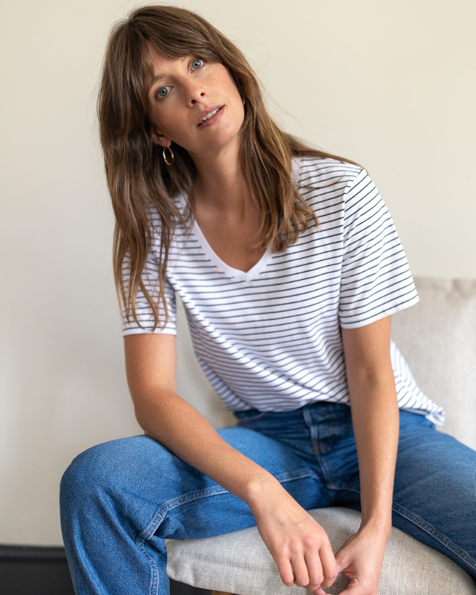 Ivy Dotty V Organic Cotton Navy Fine Stripe T-Shirt