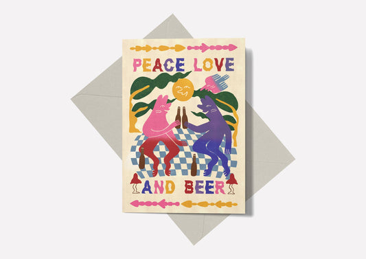 Peace, Love & Beer greetings card