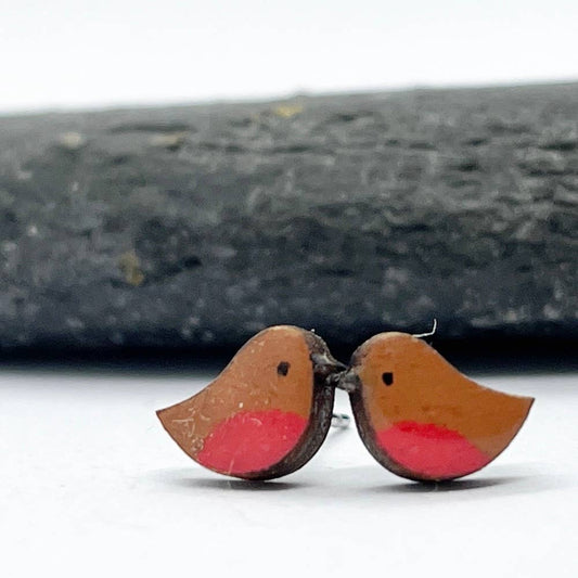 Hand-Painted Wooden Christmas Robin Earrings