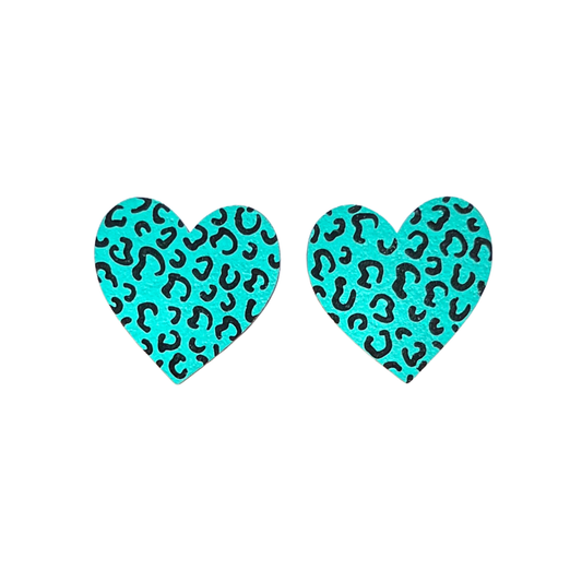 teal and black leopard print large heart stud eco friendly