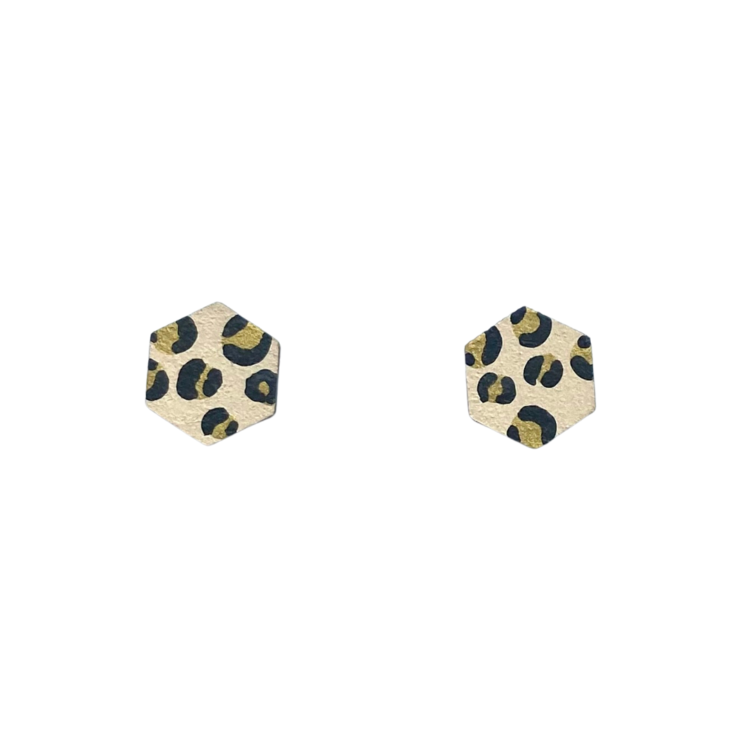 mini hexagon leopard print hand painted studs beige and gold