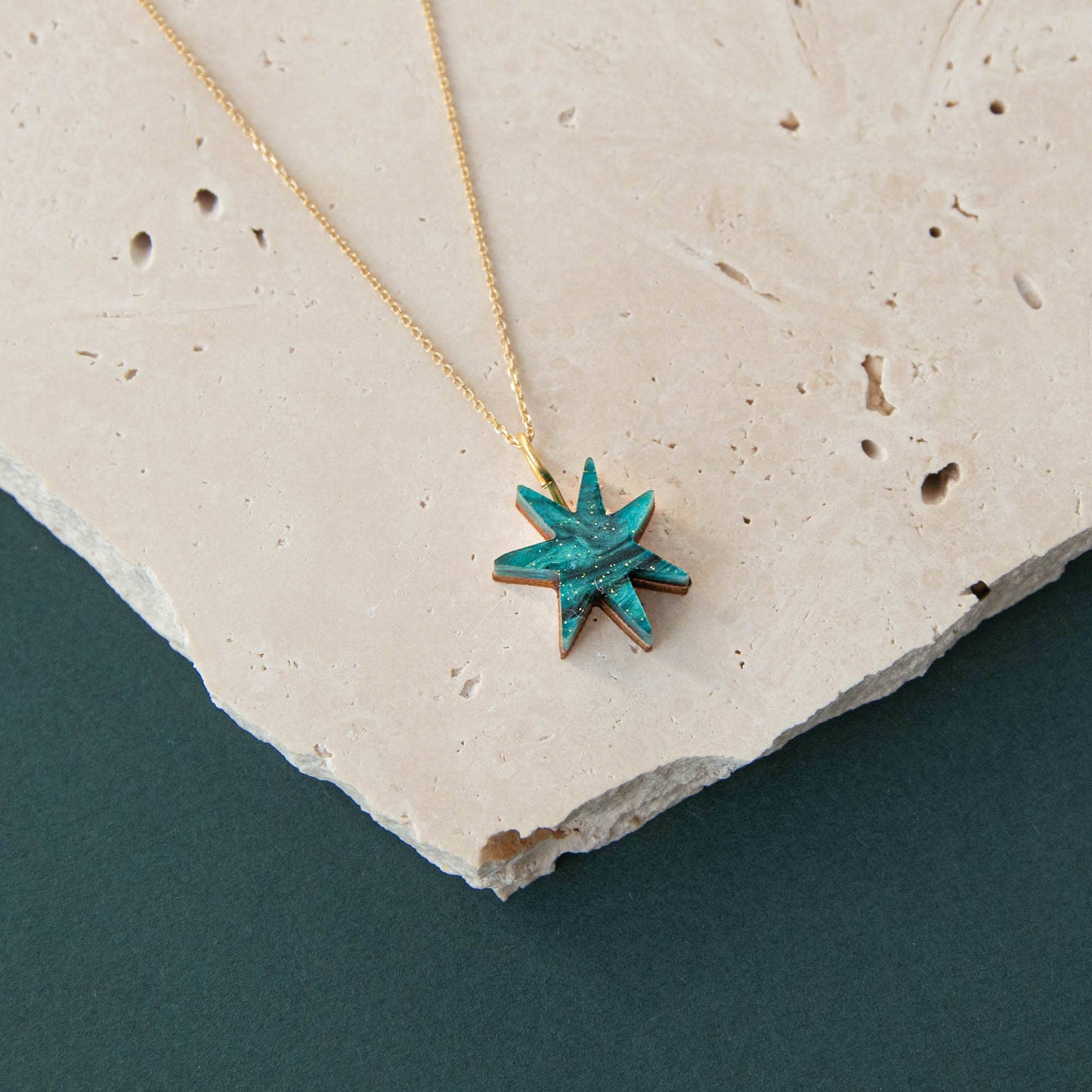 Pepper You Hand Drawn Star Gold Necklace in Smoke Black Sparkle: Marble Teal Sparkle