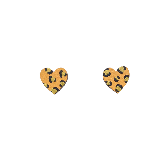 mini leopard print yellow and gold wooden earrings