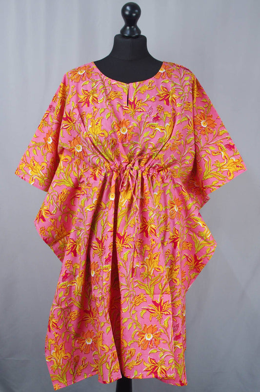 Kanthor Decor Block Printed Cotton Coverup / Kaftans - Pink Yellow Floral