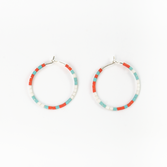 Pineapple Island Cali Surf Beaded Hoop Earrings - orange, blue and white