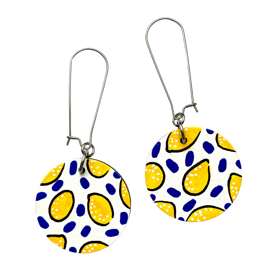 white lemon - hand painted wooden dangle earrings