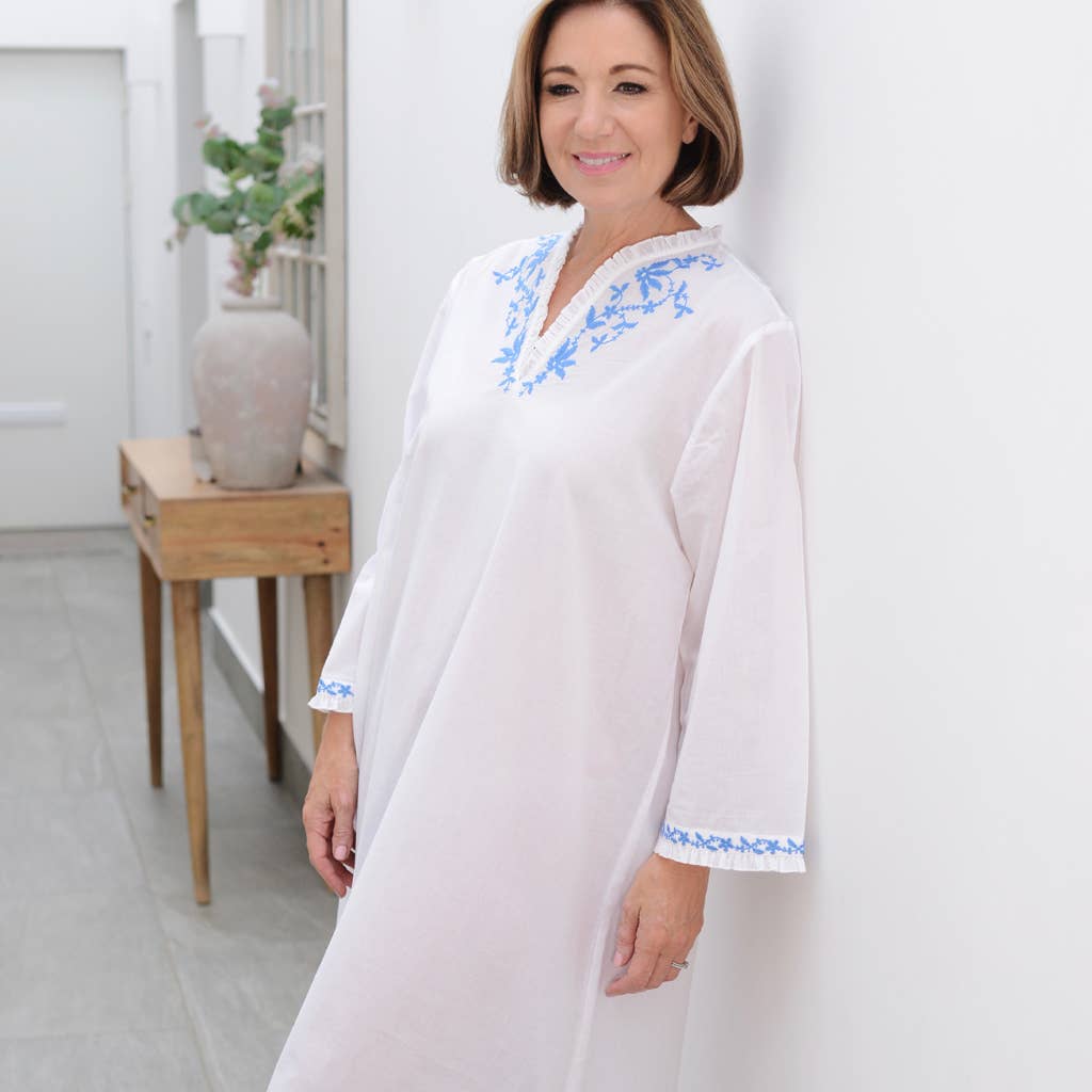 Blue & White Company Long Sleeved Cotton Nightdress with Embroidery