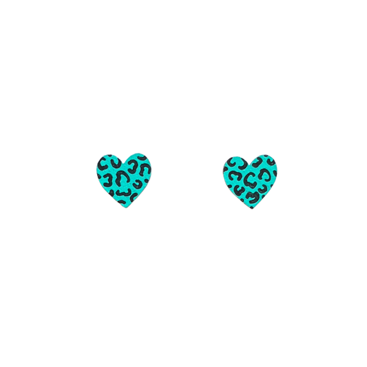 mini leopard print heart teal and black wooden earrings