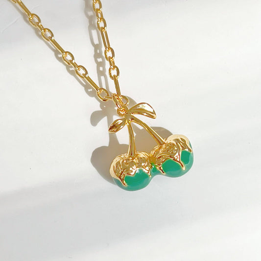 Green Cherry in Gold Chain Necklace