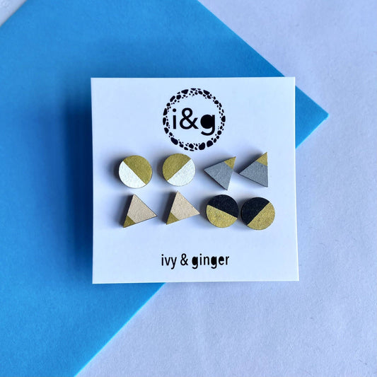 mono gold four piece hand painted wooden earrings stud set