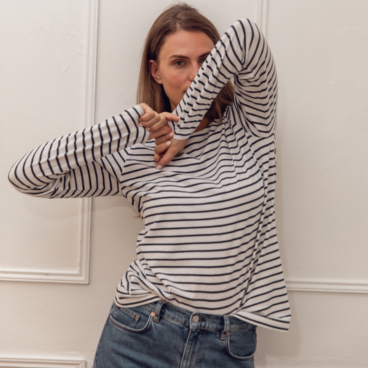 Ivy Layla Organic Cotton Crew Navy Breton:  100% Organic Cotton