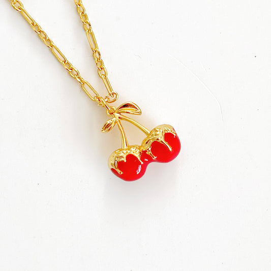 Red Cherry in Gold Chain Necklace
