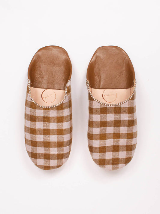 Margot, Tan Check Linen Babouche Slippers