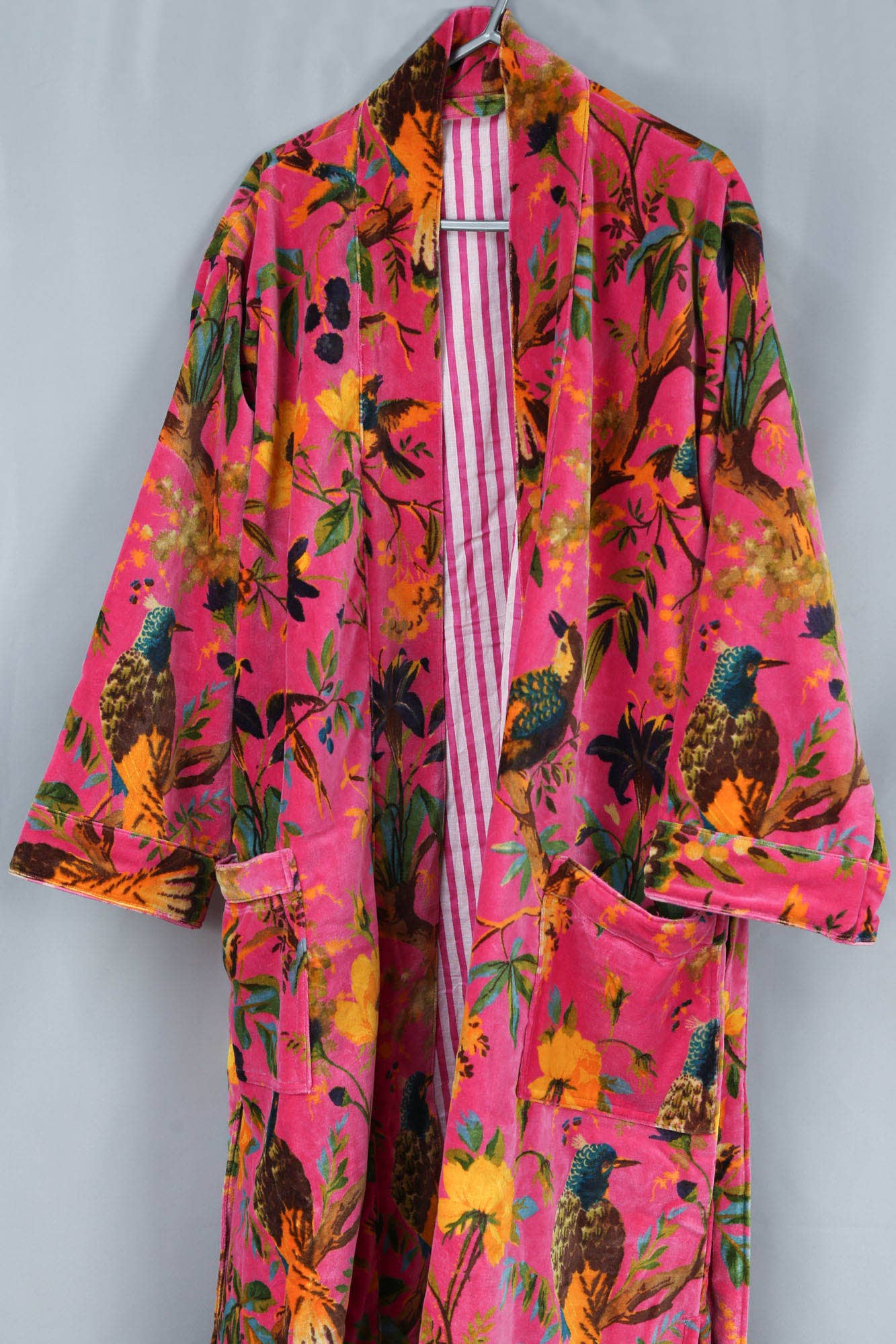 Velvet Kimono With Lining Gown- Pink Yellow Bird of Paradise