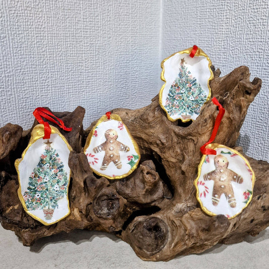 Christmas Ornaments 4 x Xmas Tree Gingerbread Oyster Shell
