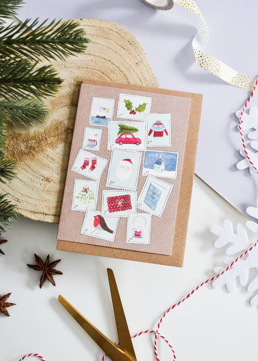 Illustrated Christmas Postage Stamp Card