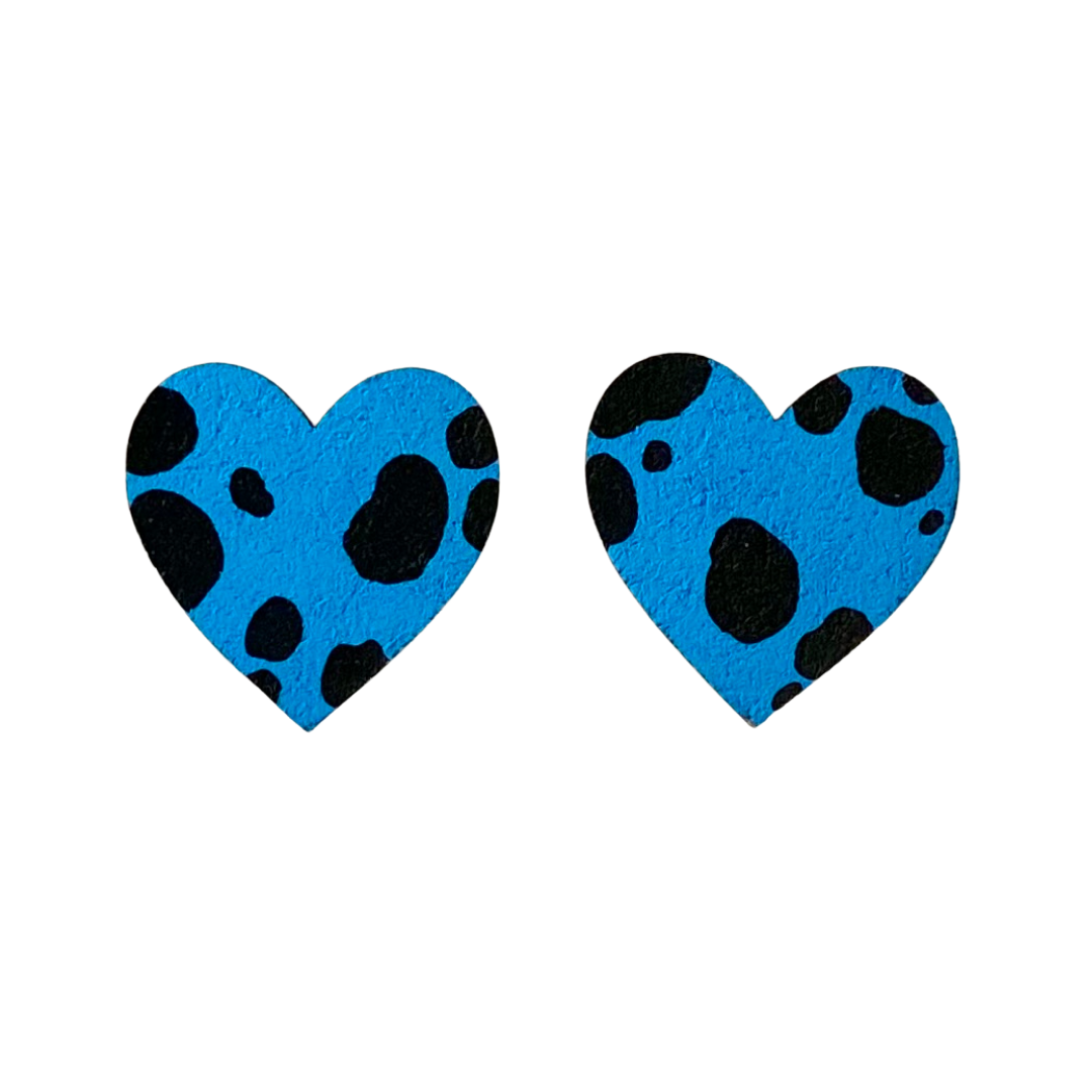 blue and black dalmatian heart studs hand painted earrings