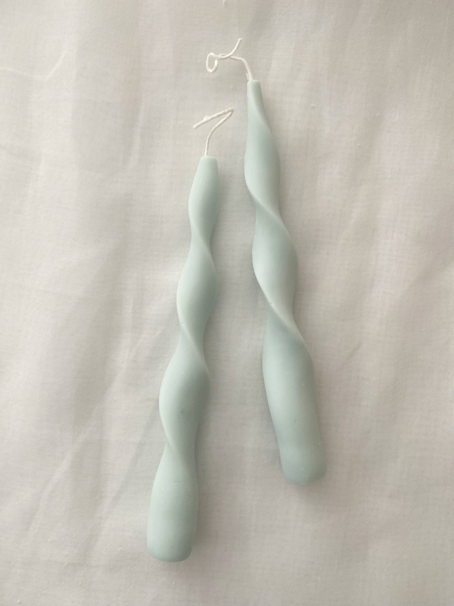 Ice Blue Ribbon Candlesticks. Vegan, soy.