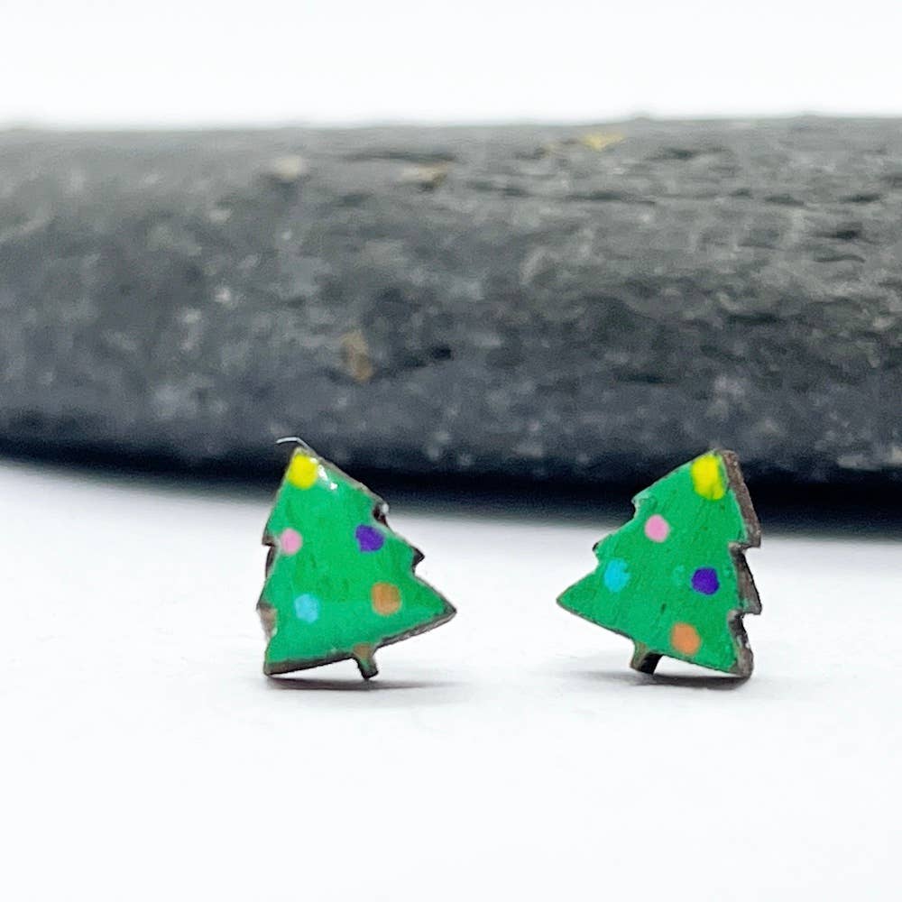 Hand-Painted Wooden Christmas Tree Earrings