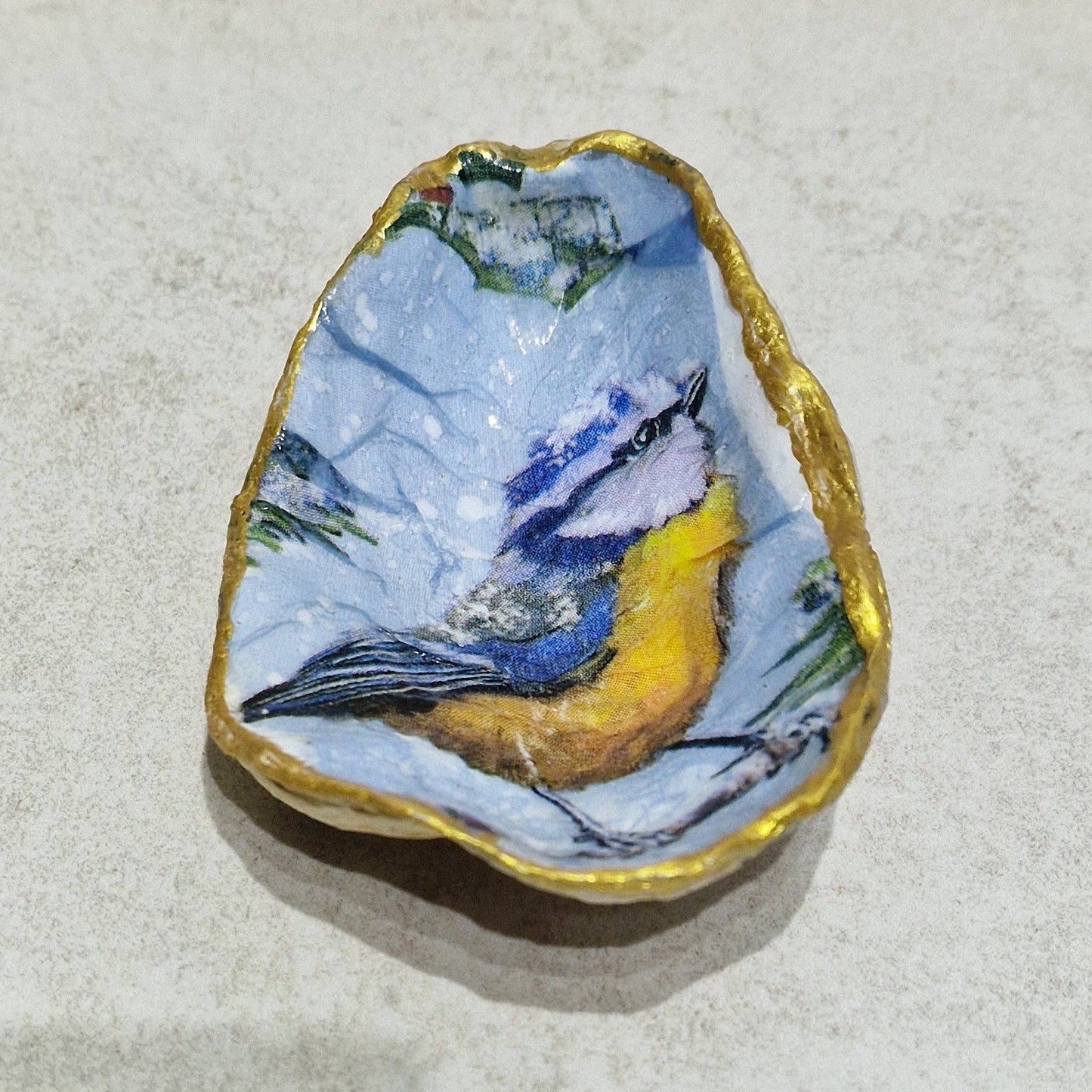 Winter Blue Tit Bird in Snow Branch Oyster Shell Trinket Dish