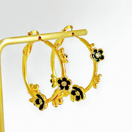 Ninaouity Black Flowers in Gold Hoop Earrings